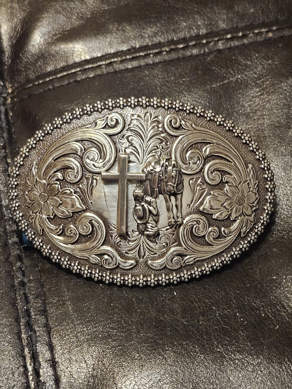 Nocona Silver Western Cross Floral Belt Buckle